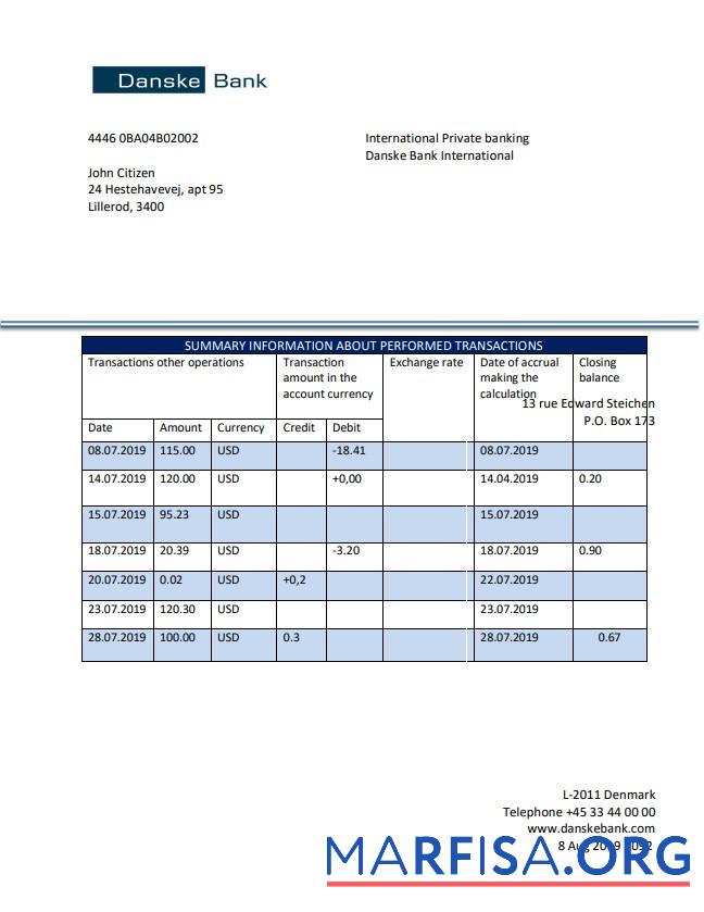 Downloadable Denmark Danskebank bank statement word download for verification